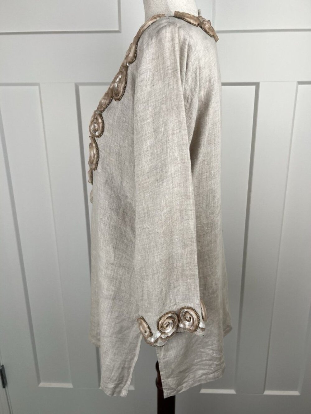 Key Lime & Pink Linen Tunic M Embellished Rosette Beaded Boho Top 3/4 Sleeve - Picture 4 of 11